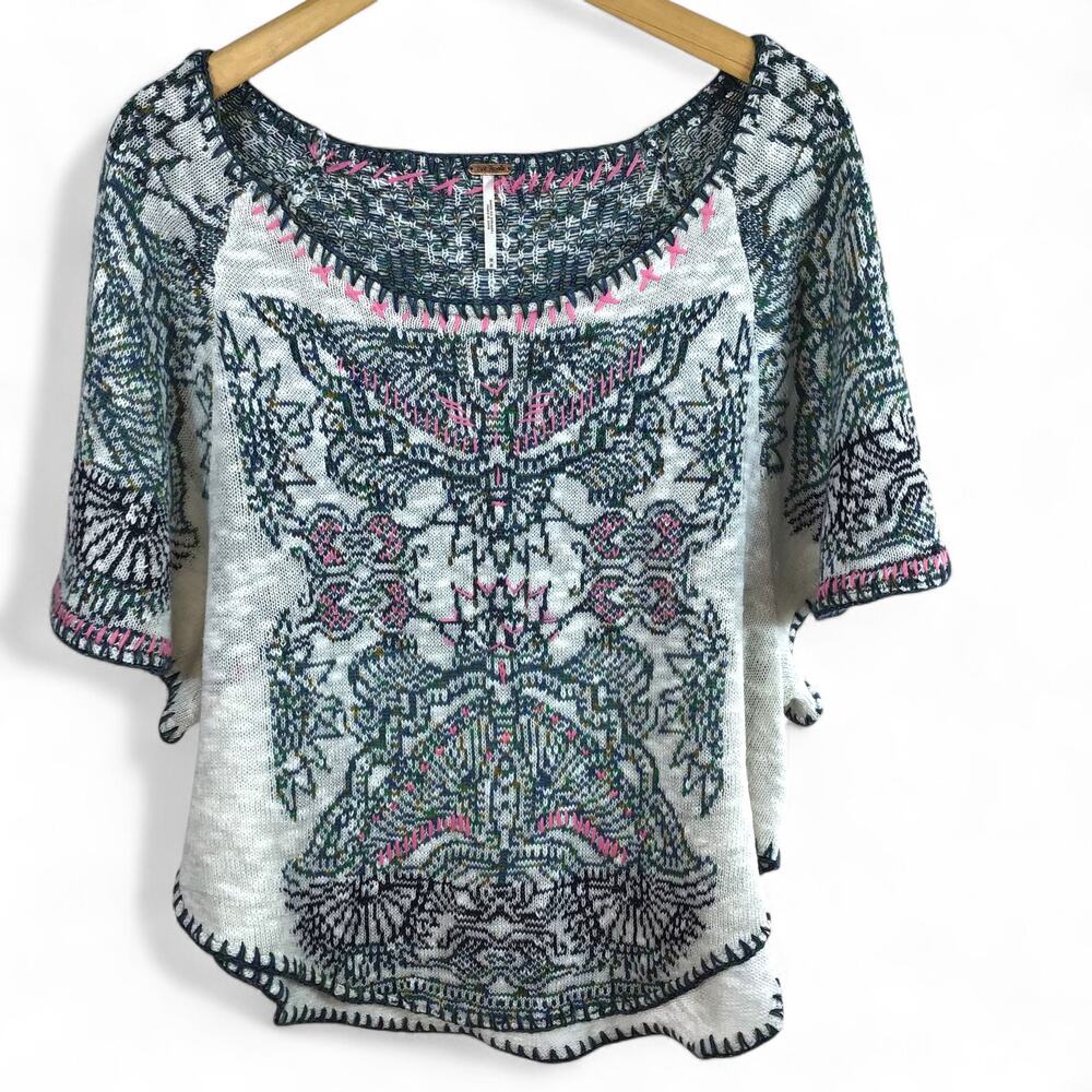 Free People Sweater Women's M Butterfly Sleeves Boho Green White Pink Embroidery